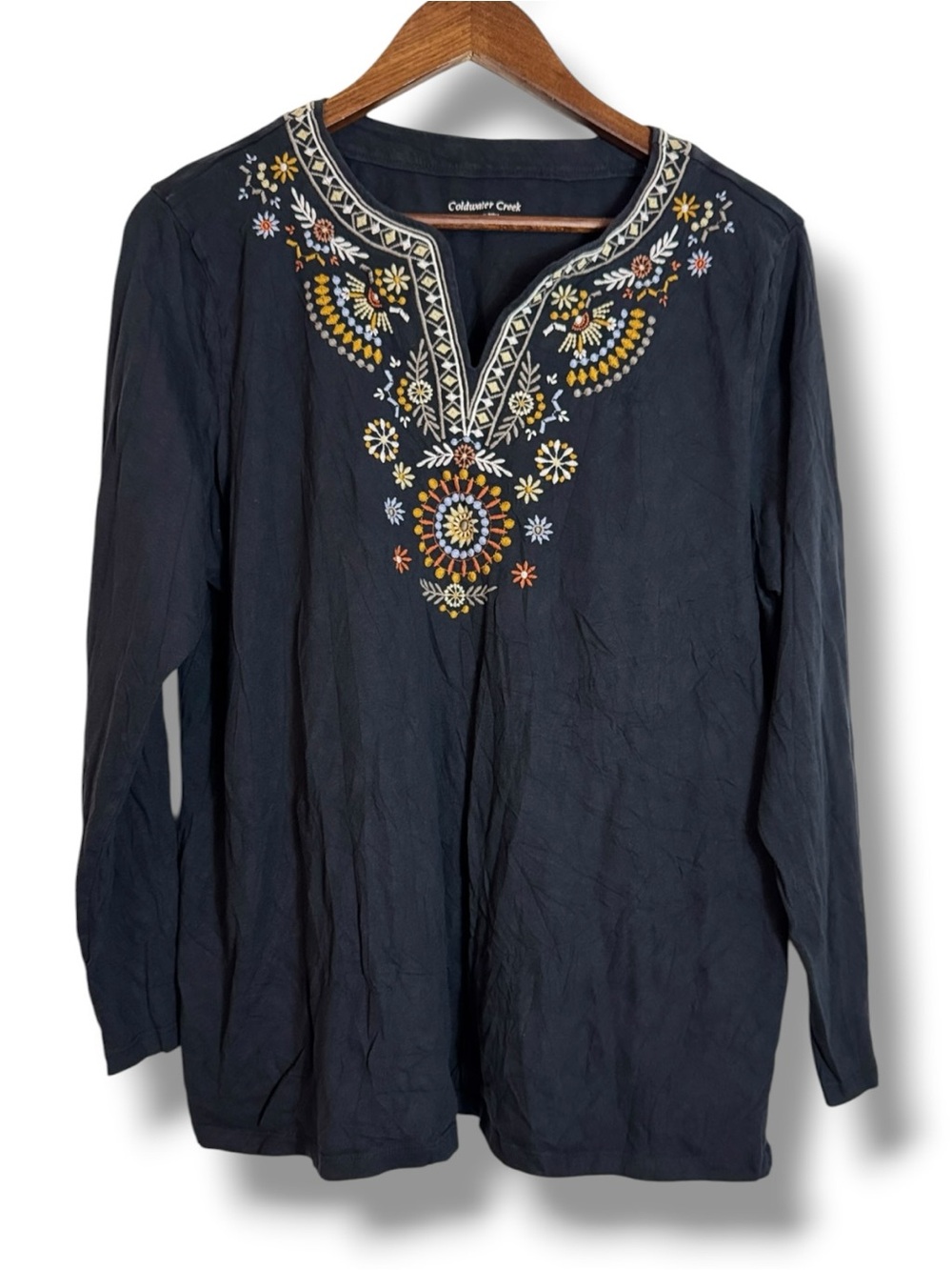 Coldwater Creek Navy Embroidered V-Neck Tunic with Multicolor Floral Detail